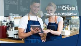  Presentation with coffee shop - Amazing PPT theme having successful seller - couple working at coffee shop backdrop and a  colored foreground