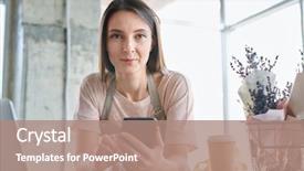  Presentation with texting while driving - Colorful slide set enhanced with successful seller - young serious woman with smartphone backdrop and a coral colored foreground