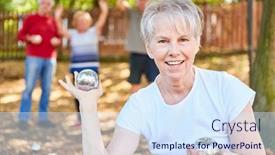  Presentation with successful - Beautiful presentation theme featuring successful-senior-woman-playing-boules backdrop and a sky blue colored foreground