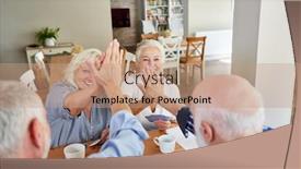  Presentation with playing cards - Audience pleasing slide deck consisting of successful-seniors-give-themselves-high backdrop and a coral colored foreground