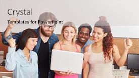  Presentation with team celebration - Slides featuring successful startup team clenching fists as celebration background and a light gray colored foreground