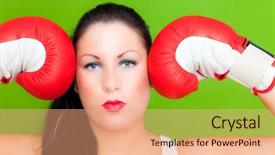  Presentation with office life - Presentation theme enhanced with successful strong fitness woman while box as symbol concept of business emancipation in a men dominating office life background and a coral colored foreground