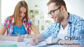  Presentation with task - PPT layouts with successful student and his groupmate on background carrying out individual task at lesson background and a light blue colored foreground