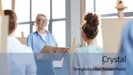  Presentation with teacher professional development - Colorful presentation enhanced with successful teacher with open manual backdrop and a teal colored foreground