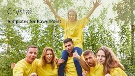  Presentation with teambuilding - Slide set featuring successful team cheers with wife in piggy back at a teambuilding event background and a soft green colored foreground