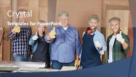  Presentation with motivation - Colorful slide set enhanced with successful team of carpenters holding thumbs up as motivation backdrop and a coral colored foreground