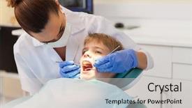  Presentation with dentist - Beautiful presentation theme featuring oral child - successful young dentist examining patient backdrop and a light gray colored foreground