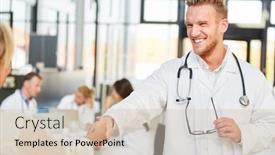  Presentation with congratulation - Cool new slide set with successful young doctor shaking hands as a sign of congratulation or greeting backdrop and a soft green colored foreground