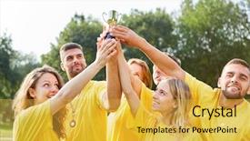  Presentation with winner - Presentation design consisting of successful young winner team proudly background and a yellow colored foreground