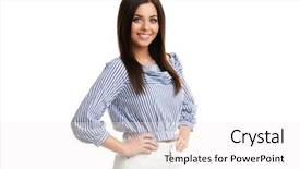  Presentation with fun and smile - Audience pleasing slide set consisting of successfull ladys - caucasian brunette woman having fun backdrop and a  colored foreground
