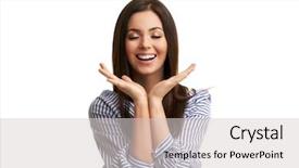  Presentation with fun - Presentation design featuring successfull ladys - caucasian brunette woman having fun background and a  colored foreground