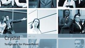  Presentation with time money - PPT theme enhanced with successfull ladys - monochromatic collage in blue gamma background and a light blue colored foreground