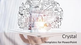  Presentation with strategy plan - Presentation featuring businessman hands demostrating business strategy plan on tablet screen background and a sky blue colored foreground