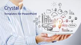  Presentation with strategy plan - PPT layouts with businessman hands demostrating business strategy plan on tablet screen background and a sky blue colored foreground