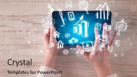  Presentation with hands holding black tablet - Presentation theme having succsess - caucasian business hands holding tablet background and a coral colored foreground