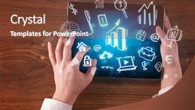  Presentation with hands holding black tablet - Slide set featuring succsess - caucasian business hands holding tablet background and a tawny brown colored foreground