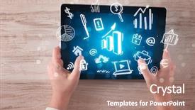  Presentation with hands holding - Slide deck enhanced with succsess - caucasian business hands holding tablet background and a coral colored foreground