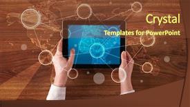  Presentation with hands holding - Cool new presentation theme with succsess - caucasian business hands holding tablet backdrop and a  colored foreground