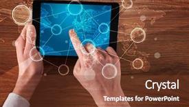  Presentation with statistics - Colorful theme enhanced with succsess - caucasian business hands holding tablet backdrop and a  colored foreground