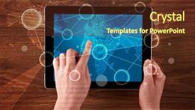  Presentation with hands holding - Slide set enhanced with succsess - caucasian business hands holding tablet background and a  colored foreground