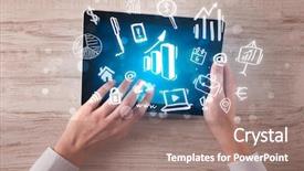  Presentation with hands holding - Slide set enhanced with succsess - caucasian business hands holding tablet background and a  colored foreground