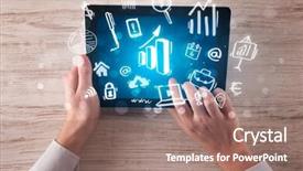  Presentation with hands holding black tablet - PPT theme enhanced with succsess - caucasian business hands holding tablet background and a  colored foreground