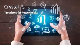  Presentation with statistics - Cool new PPT layouts with succsess - caucasian business hands holding tablet backdrop and a  colored foreground