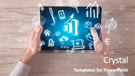  Presentation with hands holding black tablet - Colorful slide set enhanced with succsess - caucasian business hands holding tablet backdrop and a  colored foreground