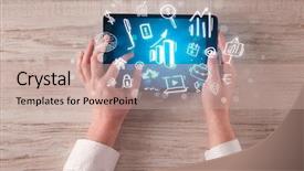  Presentation with hands holding - PPT theme enhanced with succsess - caucasian business hands holding tablet background and a coral colored foreground