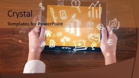  Presentation with hands holding black tablet - Beautiful presentation theme featuring succsess - caucasian business hands holding tablet backdrop and a  colored foreground