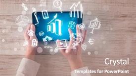  Presentation with hands holding black tablet - Presentation having succsess - caucasian business hands holding tablet background and a  colored foreground