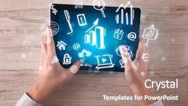  Presentation with hands holding black tablet - Cool new presentation theme with succsess - caucasian business hands holding tablet backdrop and a  colored foreground