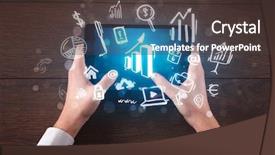  Presentation with hands holding - Slide deck featuring succsess - caucasian business hands holding tablet background and a  colored foreground