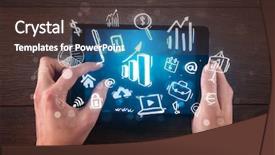  Presentation with hands holding - PPT theme enhanced with succsess - caucasian business hands holding tablet background and a tawny brown colored foreground