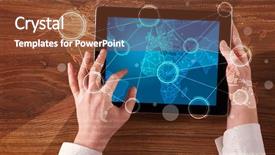  Presentation with hands holding - Theme featuring succsess - caucasian business hands holding tablet background and a  colored foreground