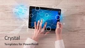  Presentation with tablet - PPT theme having succsess - caucasian business hands working background and a  colored foreground