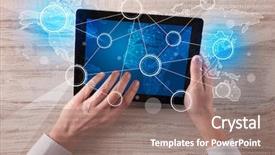  Presentation with tablet - Audience pleasing presentation consisting of succsess - caucasian business hands working backdrop and a  colored foreground