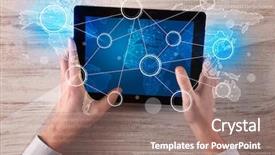  Presentation with tablet - PPT theme featuring succsess - caucasian business hands working background and a  colored foreground