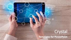  Presentation with tablet - Presentation design featuring succsess - caucasian business hands working background and a  colored foreground