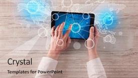  Presentation with tablet - Colorful slide deck enhanced with succsess - caucasian business hands working backdrop and a  colored foreground