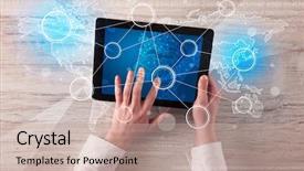  Presentation with tablet - Audience pleasing PPT theme consisting of succsess - caucasian business hands working backdrop and a  colored foreground