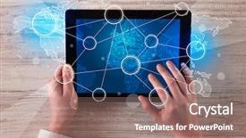  Presentation with tablet - Amazing presentation theme having succsess - caucasian business hands working backdrop and a  colored foreground