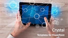  Presentation with tablet - Theme enhanced with succsess - caucasian business hands working background and a  colored foreground