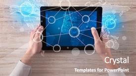  Presentation with tablet - Presentation theme consisting of succsess - caucasian business hands working background and a  colored foreground