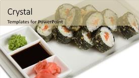  Presentation with soy sauce - PPT theme featuring suchi - warm rolls with crab meat background and a  colored foreground