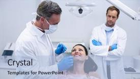  Presentation with tool belt tools - Colorful slides enhanced with suction - dentist examining a female patient backdrop and a light blue colored foreground