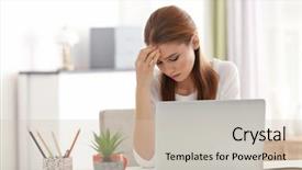  Presentation with beautiful young woman getting face - Colorful PPT theme enhanced with suffering from headache while work backdrop and a  colored foreground