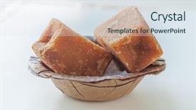  Presentation with delicious cakes pastry fruit - Amazing PPT layouts having sugar cane - gur - a jaggery cakes backdrop and a sky blue colored foreground