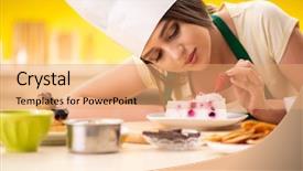  Presentation with cooking equipment kitchen utensils - Amazing PPT theme having sugar house - young cook cooking cakes backdrop and a coral colored foreground