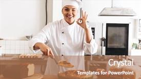  Presentation with cook chef - Slide set having smiling woman chef cook wearing uniform showing cooked pie while standing at the kitchen background and a coral colored foreground